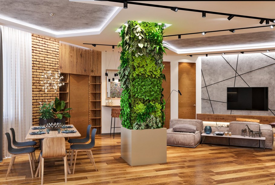 Интерьер гостиной с зеленью