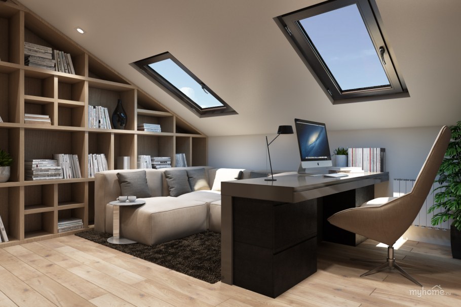 Обои в мансардной квартире с черной лестницей