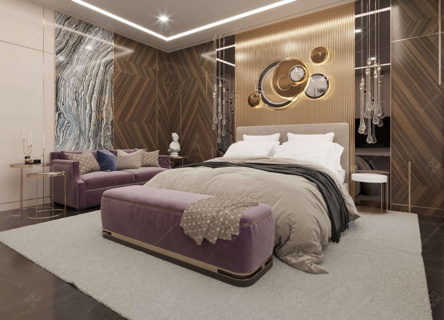 Спальня с гардеробом и санузлом в загородном доме