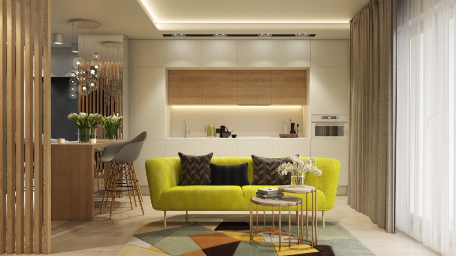 Кухня гостиная в бежевых тонах с акцентами