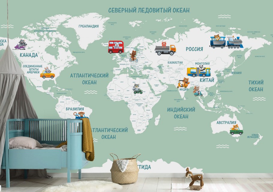 Карта мира на стене в интерьере