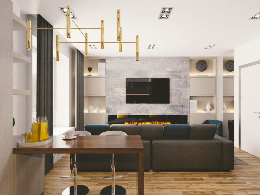 Интерьер кухни-гостинной 15м