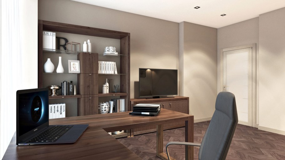 Интерьер офиса с темной мебелью