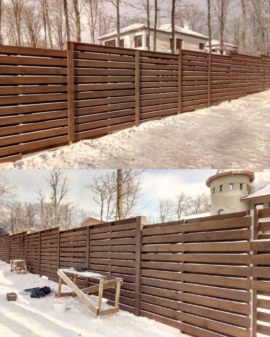 Наклонный деревянный забор