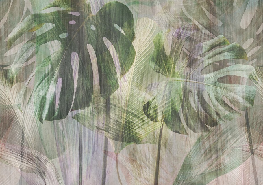 Обои с принтом листьев монстеры в интерьере