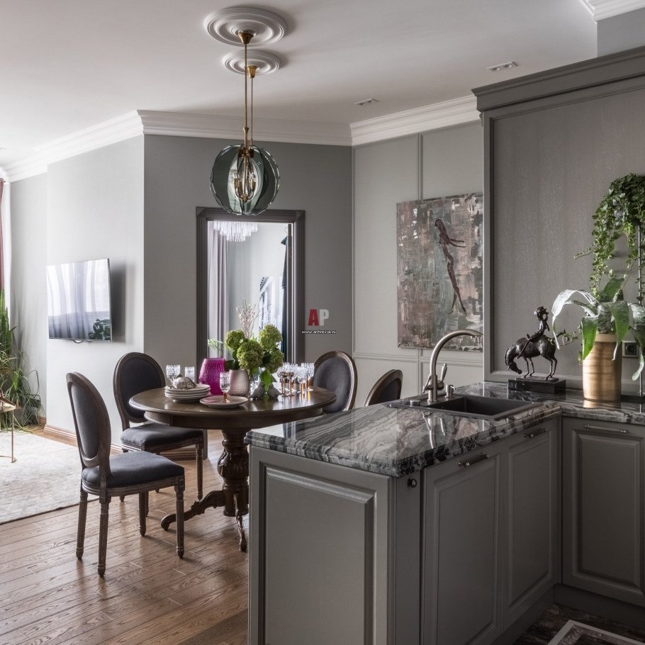 Кухня гостиная в серых тонах в современном стиле