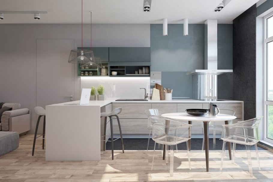 Кухня гостиная с серой кухней