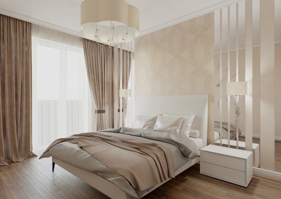 Шторы в песочных тонах в спальню