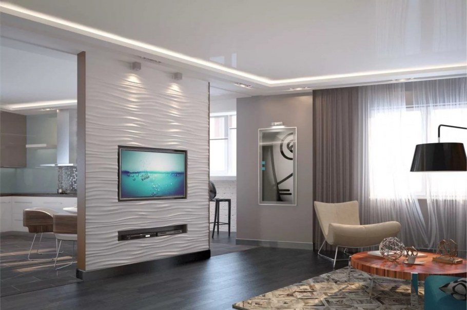 Телевизор между кухней и гостиной