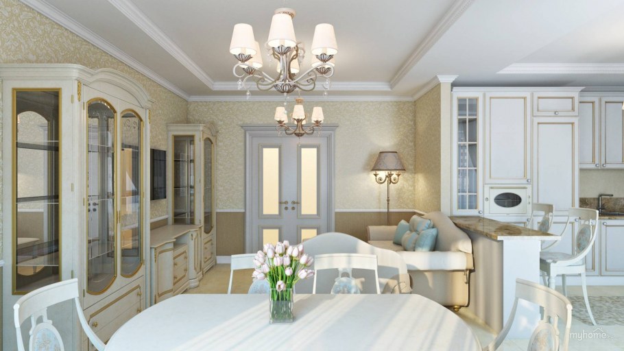 Столовая в классическом стиле в светлых тонах