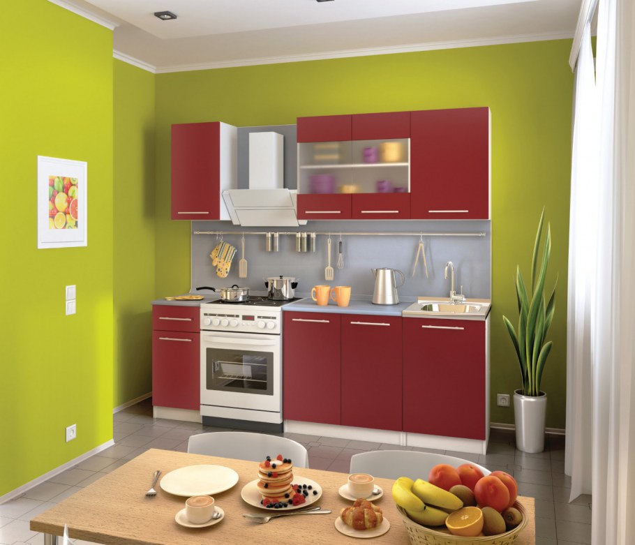 Кухня с бордовым холодильником