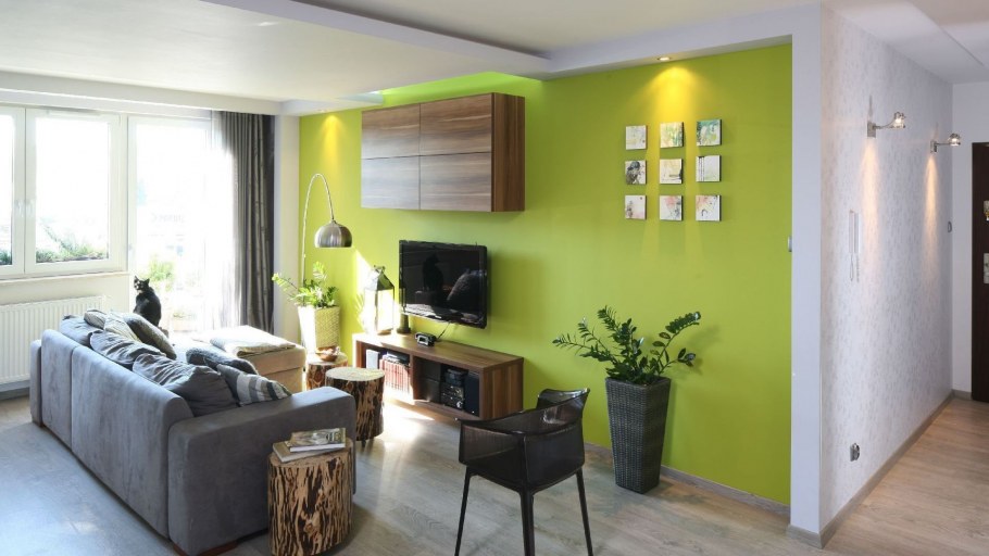 Зеленые стены в интерьере гостиной