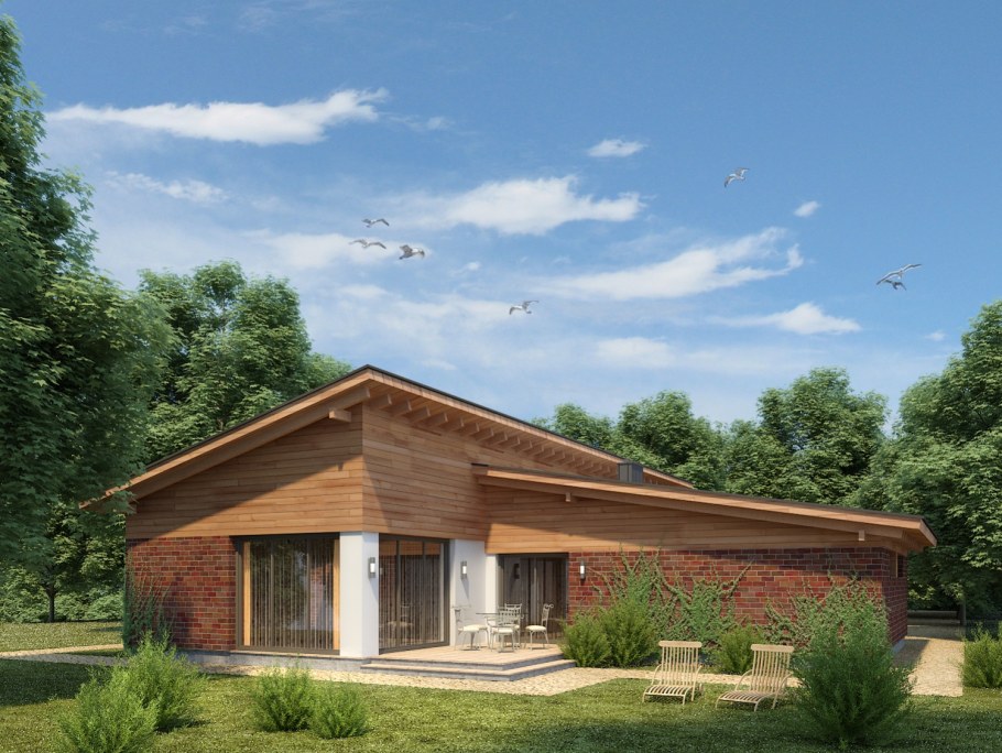 Одноэтажный дом с разноуровневой двускатной крышей