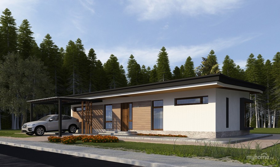 Одноэтажный дом с односкатной плоской кровлей