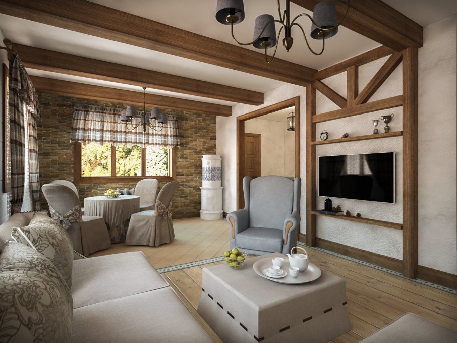 Одноэтажный дом фахверк интерьер