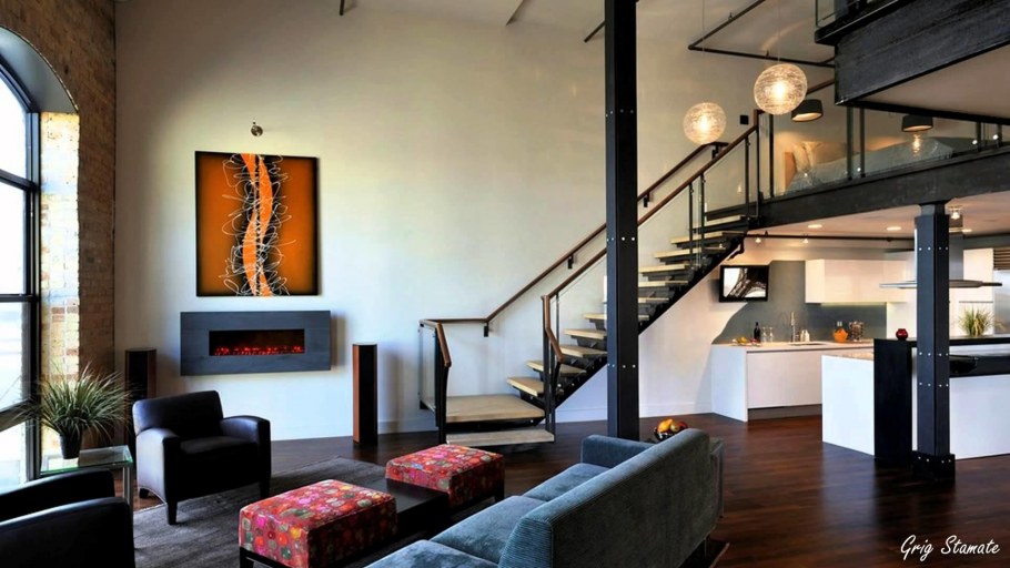 Гостиная со вторым светом в стиле лофт