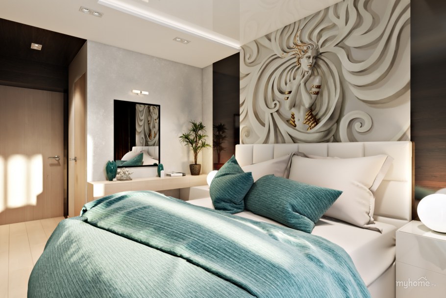 Серая спальня с бирюзовыми акцентами
