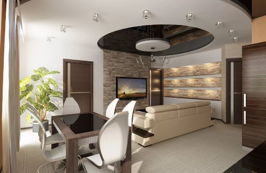 Потолок в кухне-гостиной