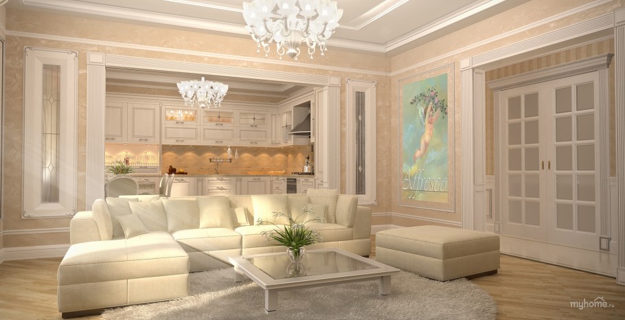Интерьер кухни-гостиной в светлых тонах в современная классика