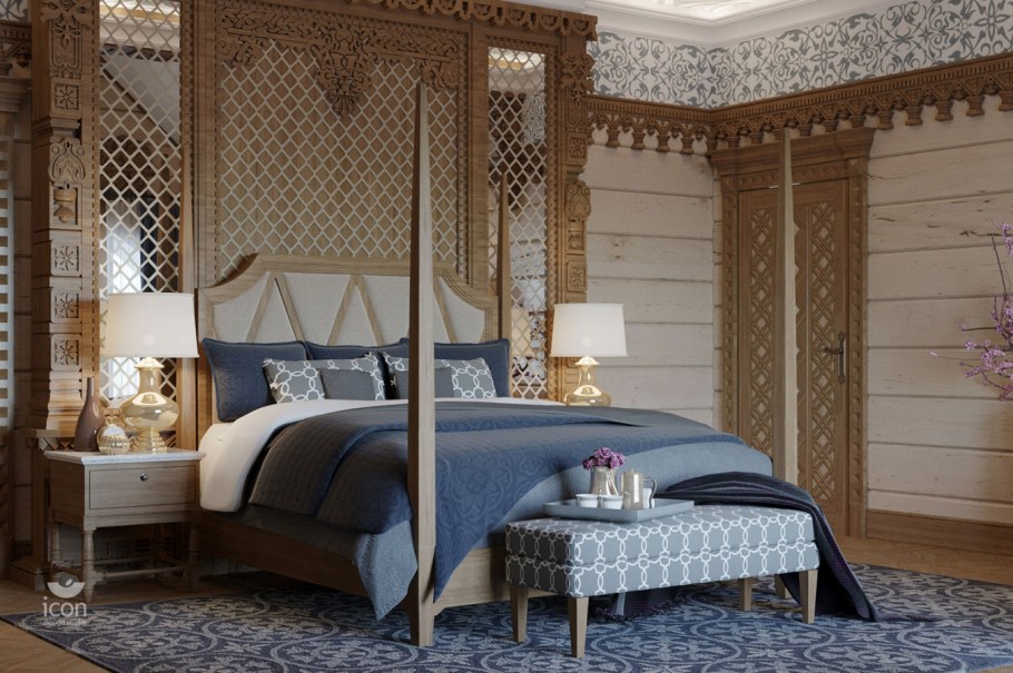 Спальня в стиле Кантри в деревянном доме