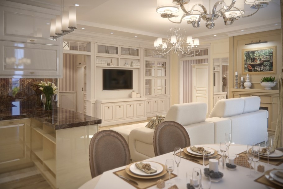 Интерьер кухни-гостиной в классическом стиле