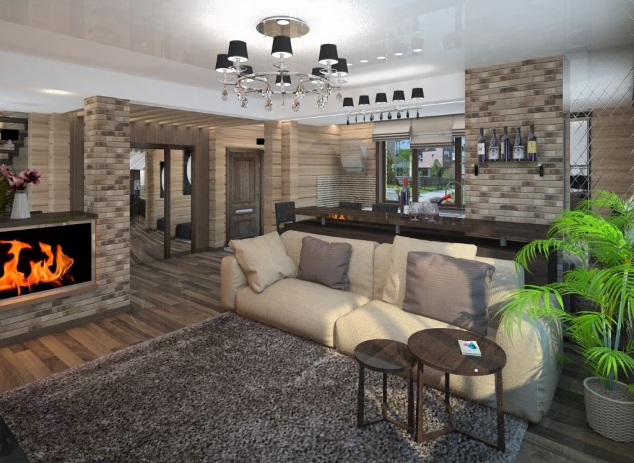 Кухня гостиная с камином в доме