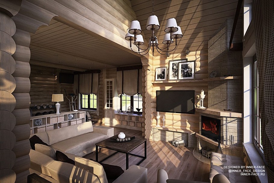 Гостиная со вторым светом в деревянном доме