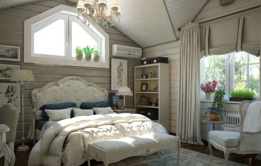 Спальня в Прованс стиле в срубовом доме