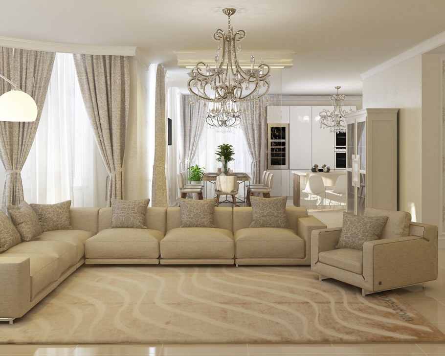 Современная гостиная в бежевых тонах