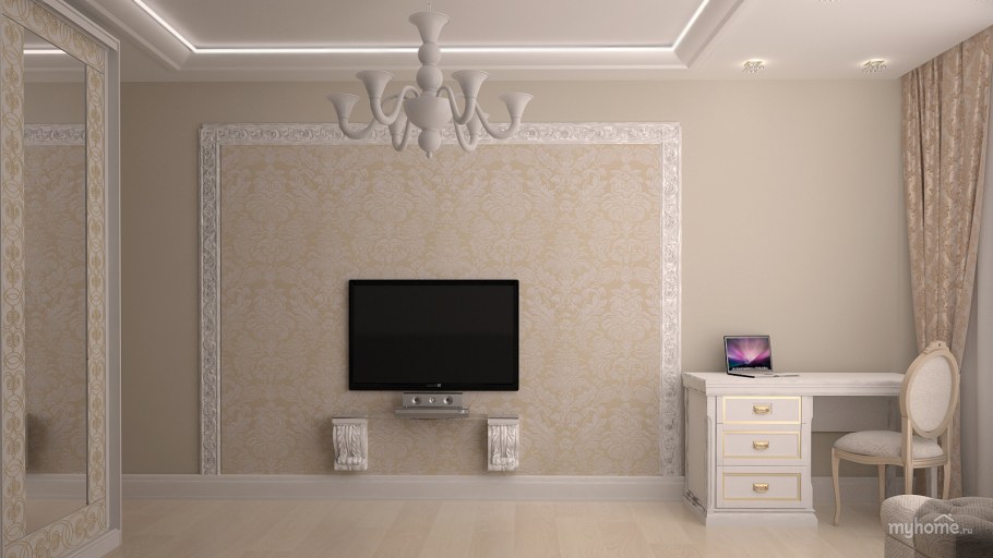 Телевизор на стене в рамке из молдинга