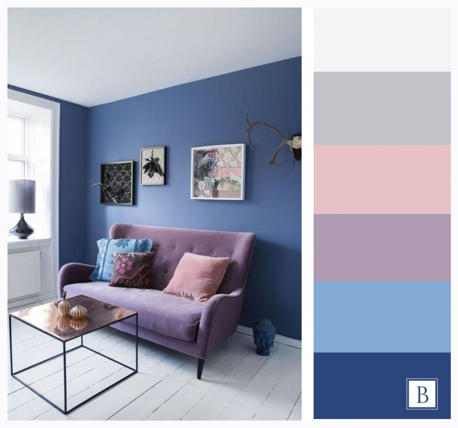 Сочетание серого синего и розового в интерьере