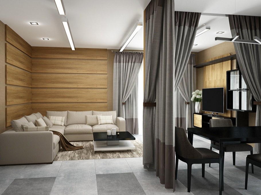 Интерьер гостиной в частном доме с низкими потолками