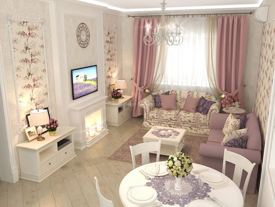 Гостиная в стиле Прованс в квартире 18 кв.м