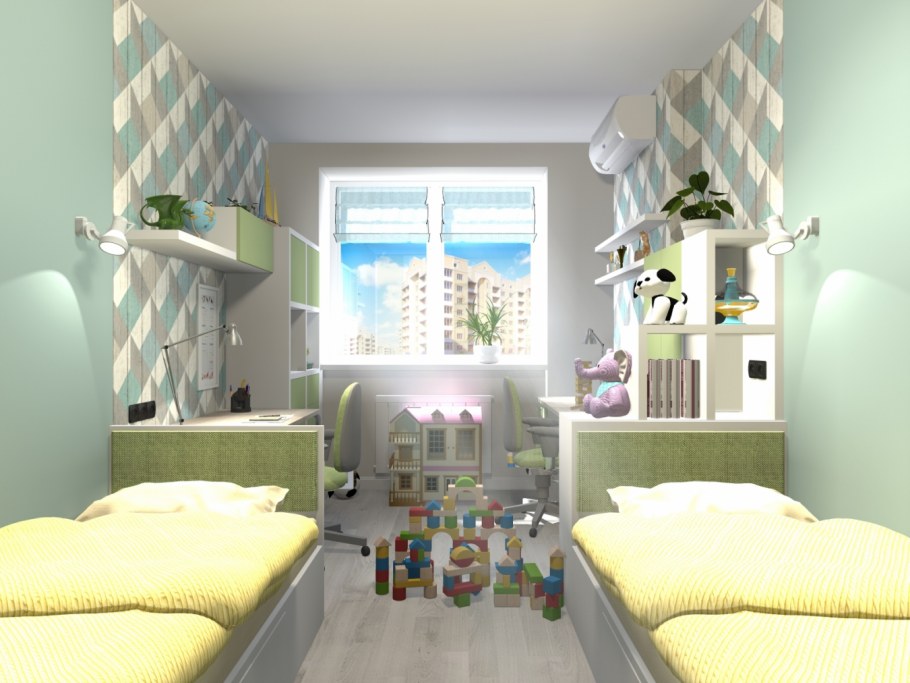 Узкая детская комната для двоих разнополых