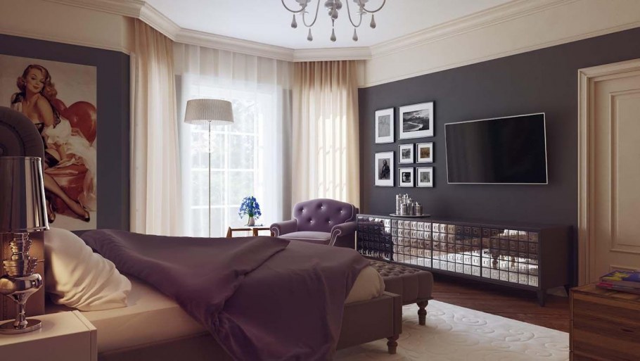 Интерьер штор для гостиной с тёмными стенами