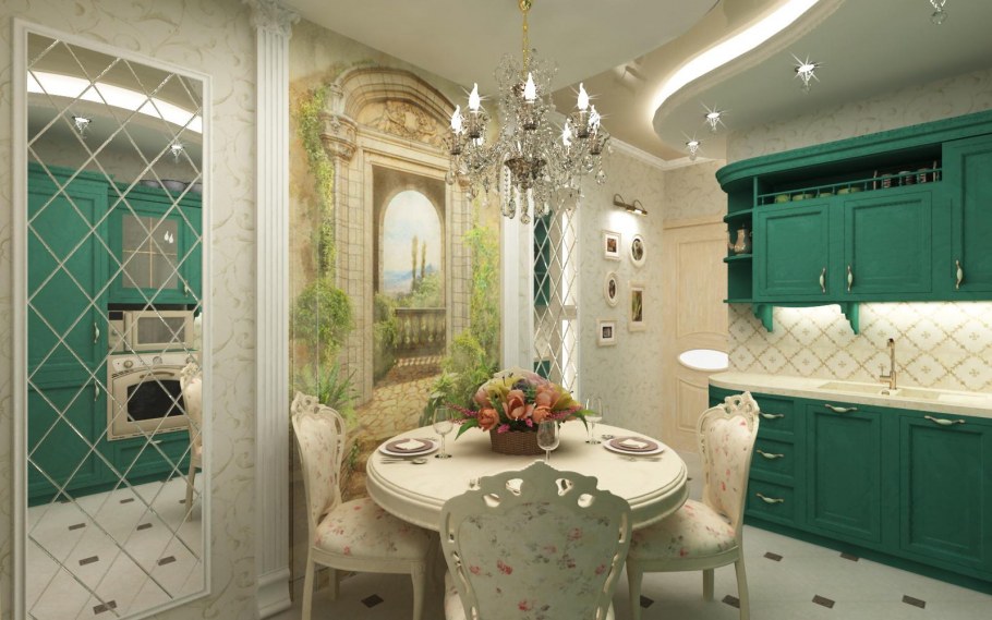 Кухня Неоклассика изумрудного цвета