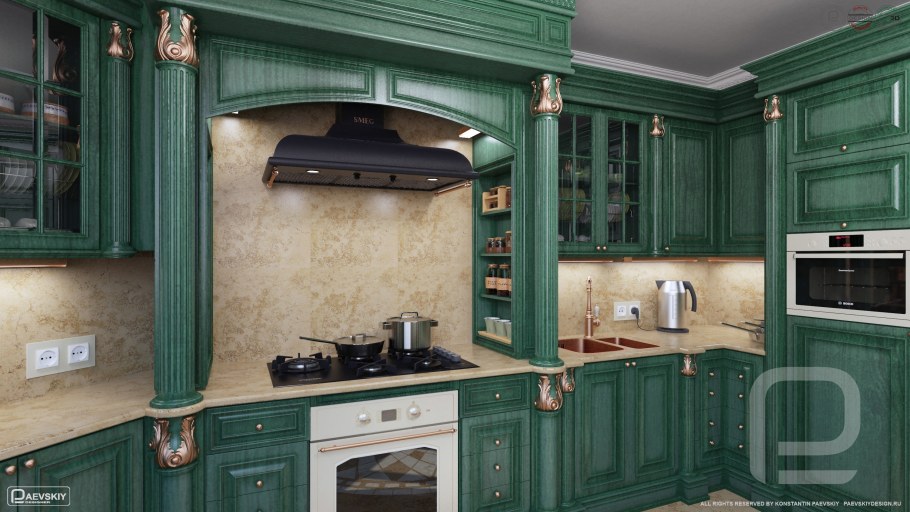 Кухня изумрудного цвета с золотыми ручками