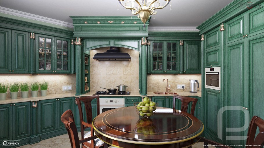 Темно зеленая кухня в классическом стиле