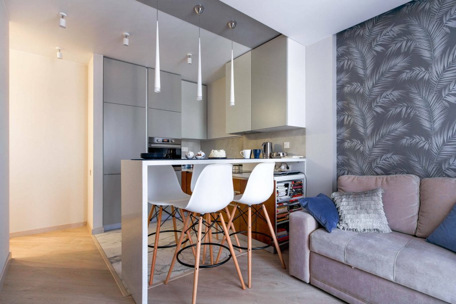 Зонирование кухни в студии 20 кв.м