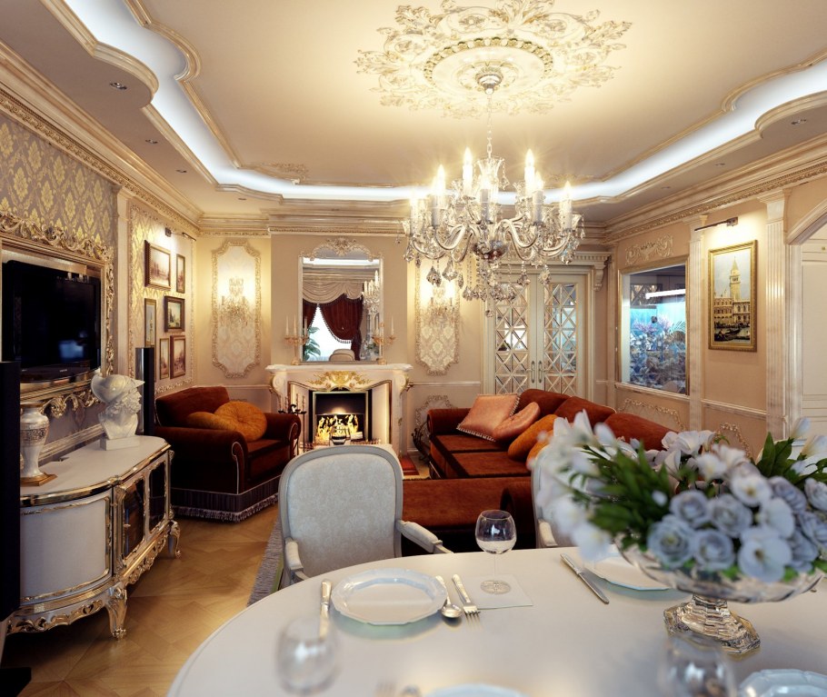 Интерьер гостиная кухня Барокко Ампир