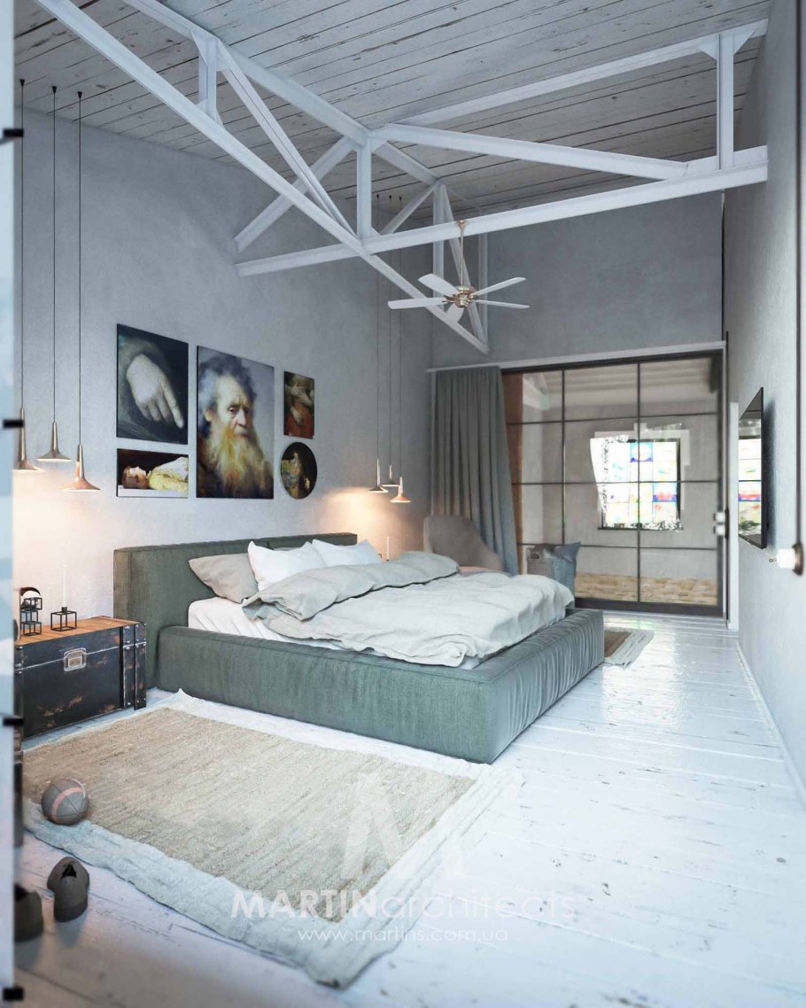 Спальня в стиле лофт в светлых