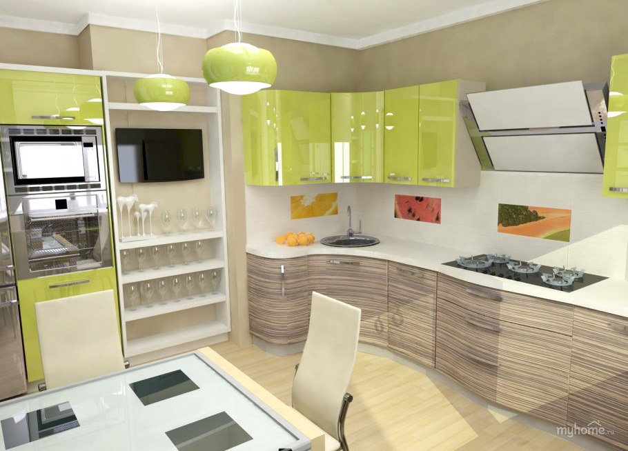 Интерьер кухни олива-фисташка