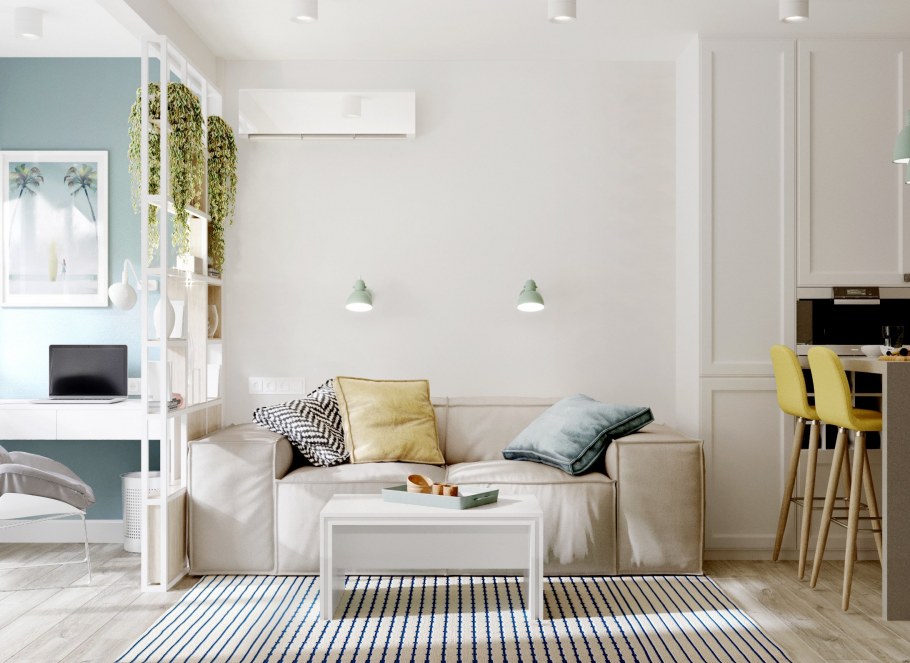 Белая гостиная в скандинавском стиле