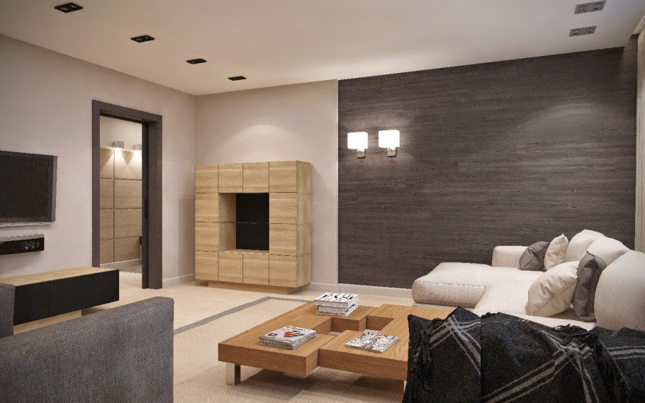 Ламинат в сочетании ламели на стене в гостиной