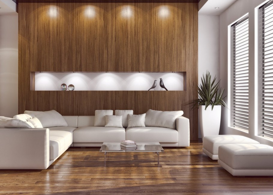 Деревянные панели в интерьере гостиной
