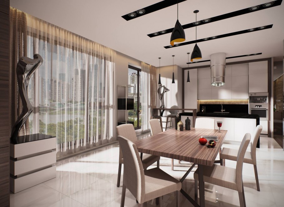 Гостиная столовая с панорамными окнами