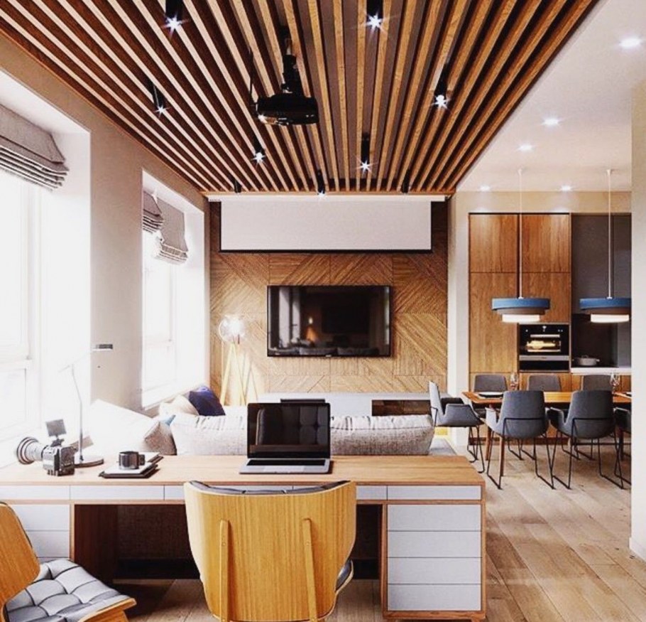 Деревянные рейки на потолке в интерьере