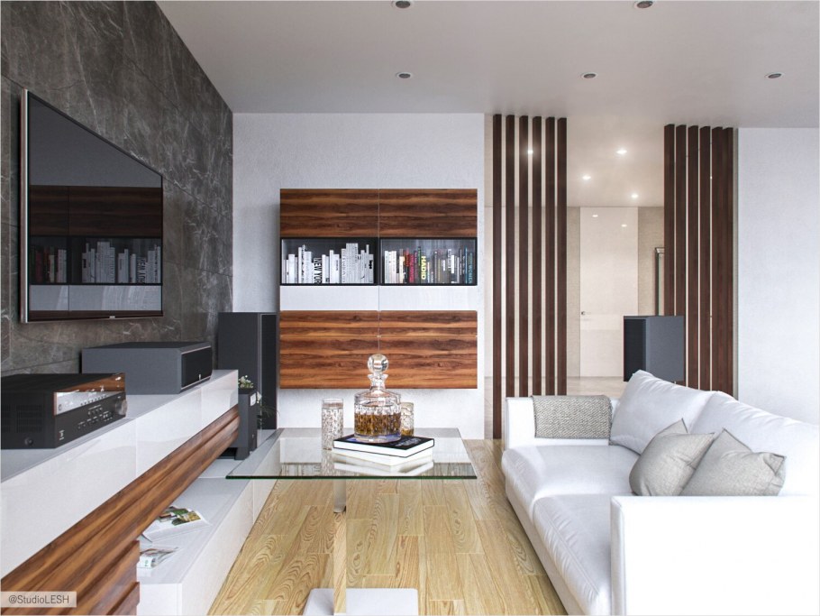 Гостиная с деревянными элементами