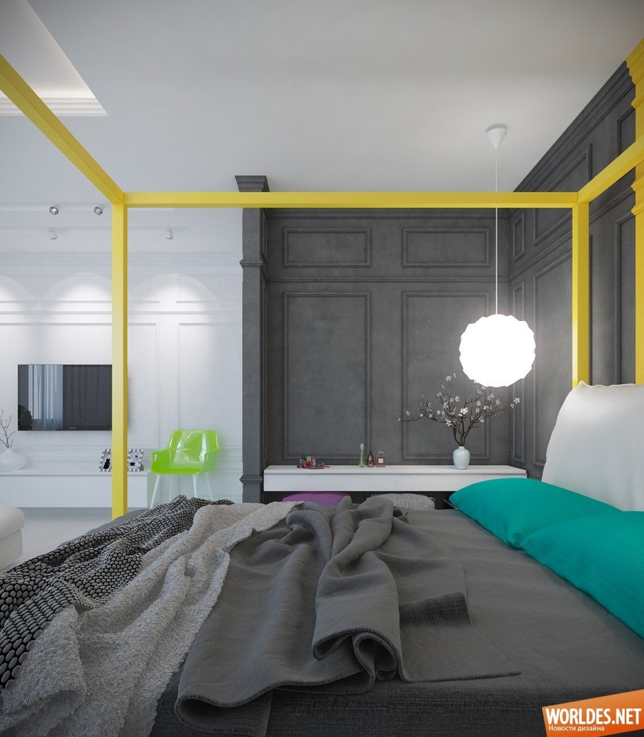 Интерьер в серых тонах с яркими акцентами