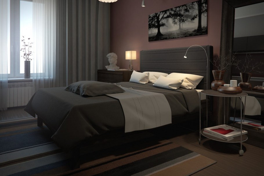 Камерный темный интерьер спальни